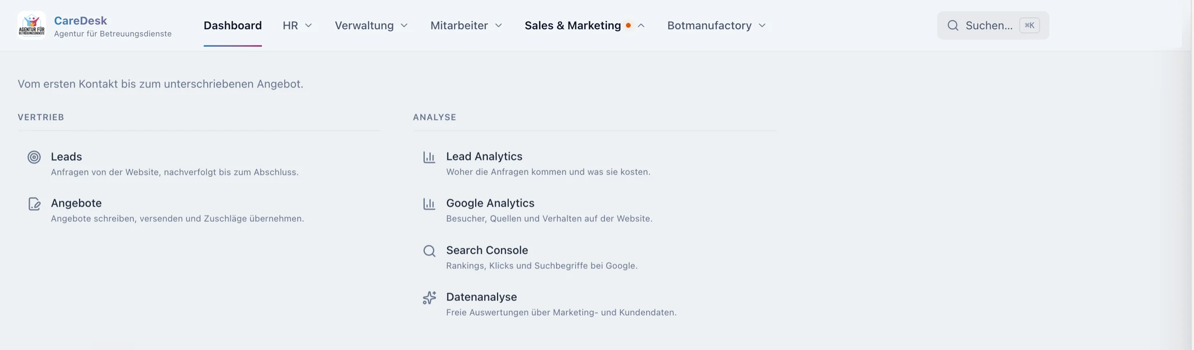 CareDesk, Menü Vertrieb: Vom ersten Kontakt bis zum unterschriebenen Angebot