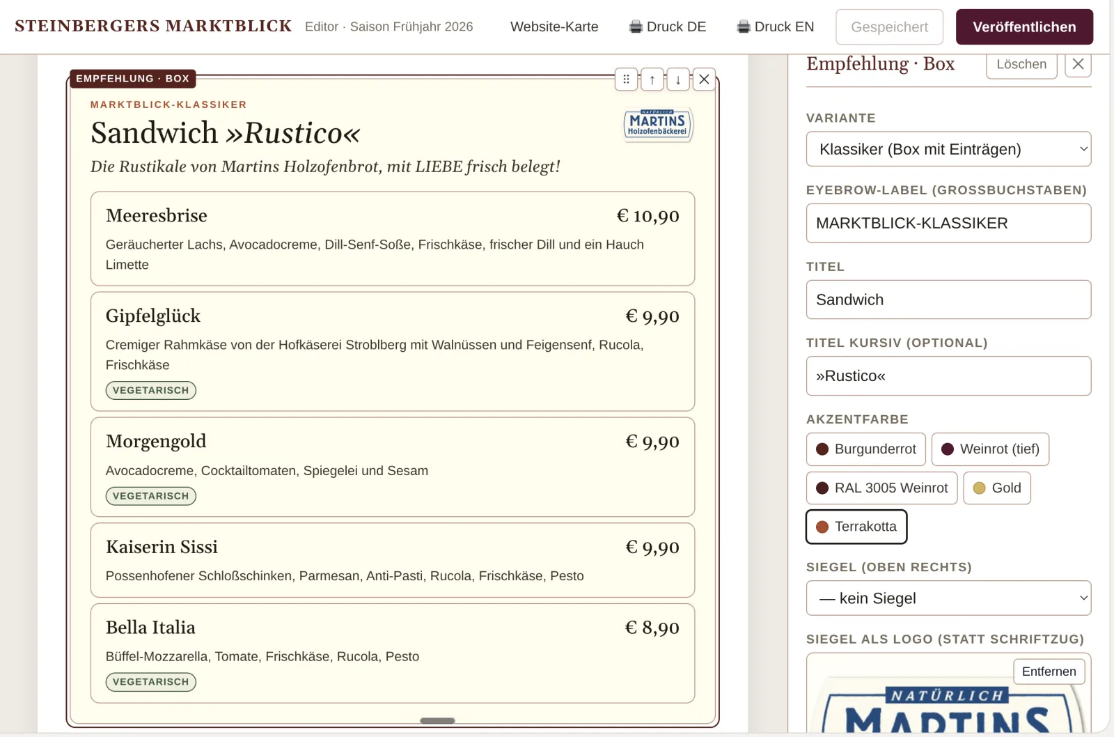 Speisekarte erstellen im Editor: Live-Vorschau mit Gerichten, Preisen und Empfehlungs-Box